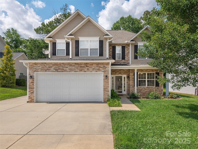 178 Black River Rd, Fletcher, NC 28732 - craftsman house with driveway, stone siding, a front lawn, and an attached garage
