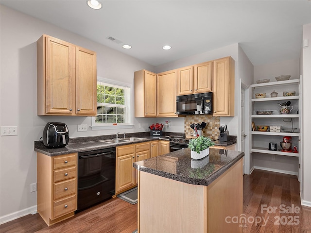 178 Black River Rd, Fletcher, NC 28732 - kitchen featuring black appliances, light brown cabinetry, dark wood-type flooring, open shelves, and recessed lighting
