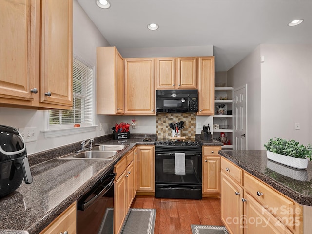 178 Black River Rd, Fletcher, NC 28732 - kitchen with black appliances, light brown cabinets, light wood-style flooring, and recessed lighting