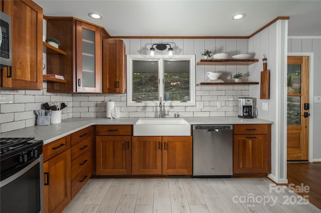 1648 Skyland Dr Unit 77, Seven Devils, NC 28604 - kitchen with stainless steel appliances, open shelves, light countertops, recessed lighting, and ornamental molding