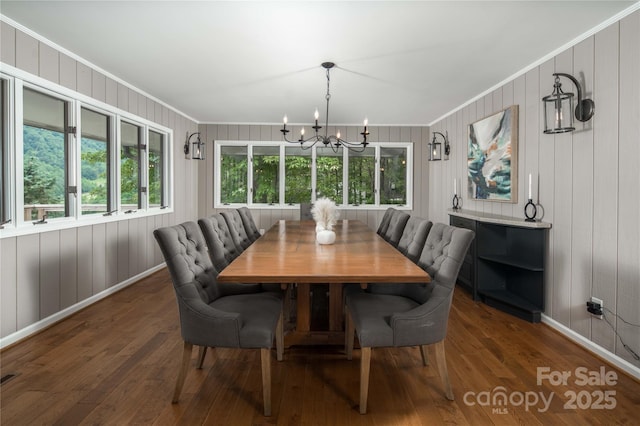 1648 Skyland Dr Unit 77, Seven Devils, NC 28604 - dining space featuring crown molding, a chandelier, hardwood / wood-style flooring, and wooden walls