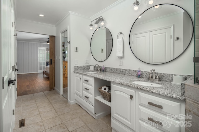 1648 Skyland Dr Unit 77, Seven Devils, NC 28604 - full bathroom featuring double vanity, ornamental molding, ensuite bathroom, ceiling fan, and recessed lighting