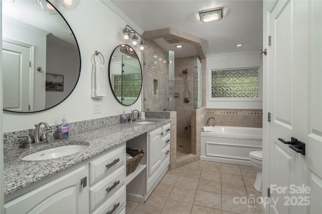 1648 Skyland Dr Unit 77, Seven Devils, NC 28604 - bathroom with crown molding, double vanity, a shower stall, tile patterned floors, and a bath
