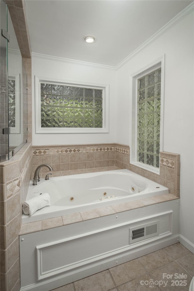 1648 Skyland Dr Unit 77, Seven Devils, NC 28604 - bathroom featuring a jetted tub, ornamental molding, and tile patterned floors