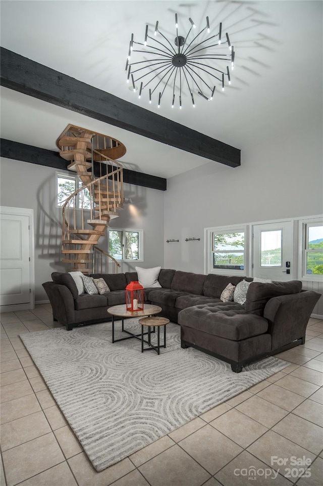1648 Skyland Dr Unit 77, Seven Devils, NC 28604 - living area featuring tile patterned flooring, stairs, beam ceiling, plenty of natural light, and a chandelier