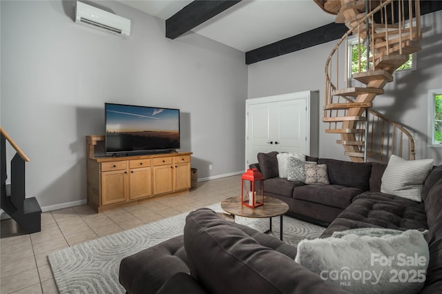 1648 Skyland Dr Unit 77, Seven Devils, NC 28604 - living area featuring a wall mounted AC, stairs, light tile patterned flooring, a high ceiling, and beamed ceiling
