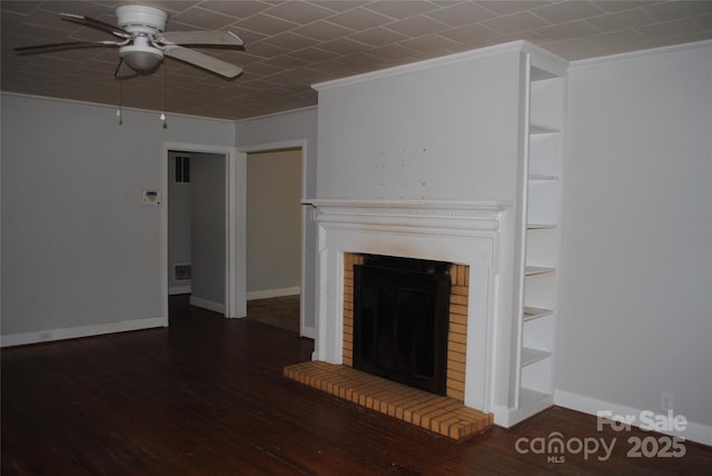 1125 Fries St, Salisbury, NC 28144 - unfurnished living room with a fireplace, ornamental molding, a ceiling fan, and wood finished floors