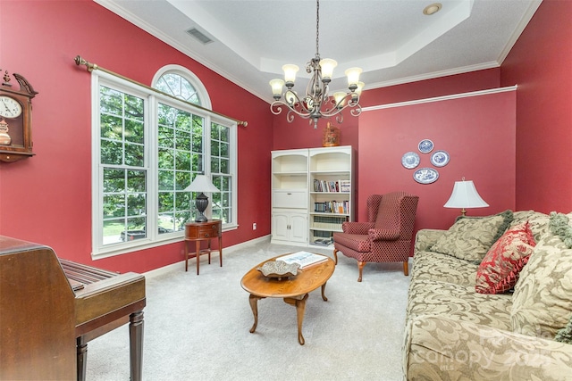 101 Citation Ln, Gastonia, NC 28056 - carpeted living room featuring a tray ceiling, a chandelier, and ornamental molding