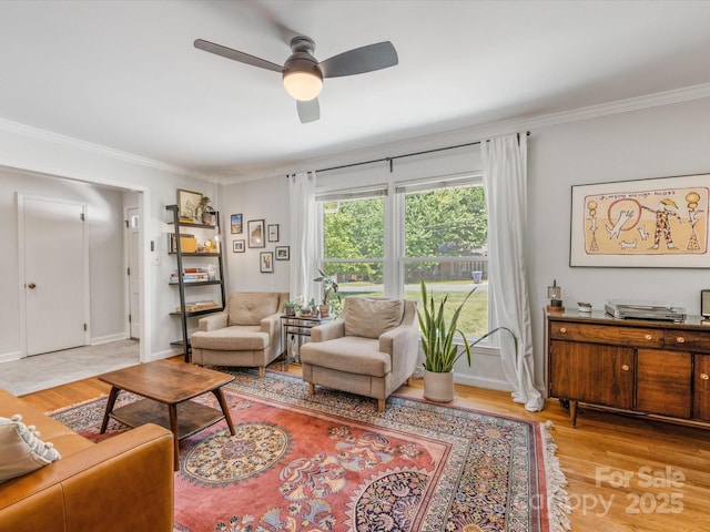 3200 Spring Valley Rd, Charlotte, NC 28210 - living area featuring wood finished floors, ornamental molding, and a ceiling fan