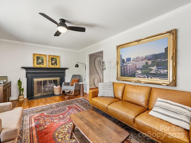 3200 Spring Valley Rd, Charlotte, NC 28210 - living room with ceiling fan, a fireplace, wood finished floors, and ornamental molding