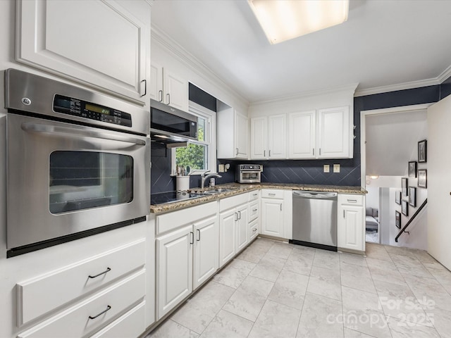 3200 Spring Valley Rd, Charlotte, NC 28210 - kitchen with appliances with stainless steel finishes, ornamental molding, tasteful backsplash, white cabinets, and stone countertops