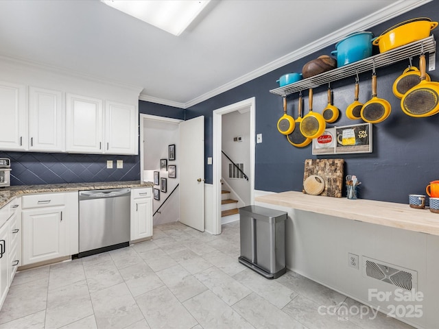 3200 Spring Valley Rd, Charlotte, NC 28210 - kitchen featuring dishwasher, white cabinets, ornamental molding, decorative backsplash, and light marble finish floors