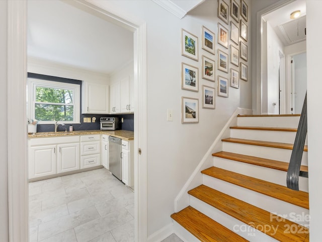 3200 Spring Valley Rd, Charlotte, NC 28210 - staircase with attic access and crown molding