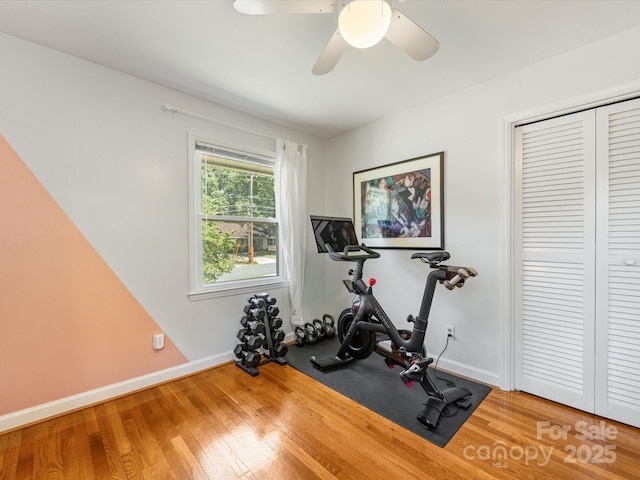 3200 Spring Valley Rd, Charlotte, NC 28210 - exercise area featuring wood finished floors and a ceiling fan