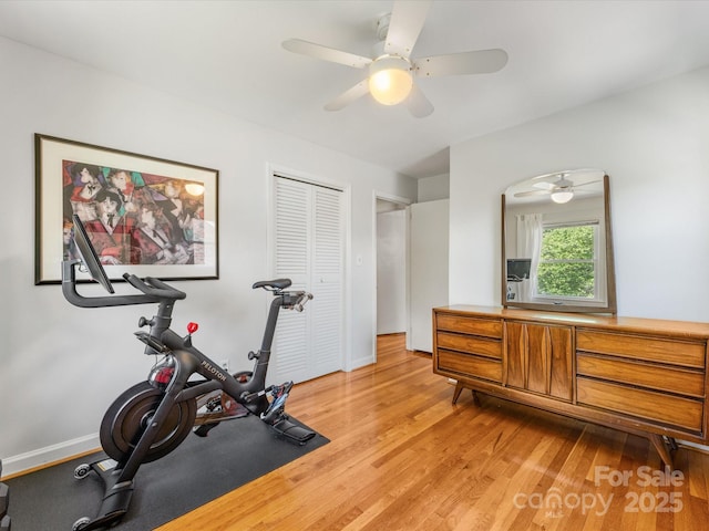 3200 Spring Valley Rd, Charlotte, NC 28210 - exercise area featuring light wood finished floors and ceiling fan
