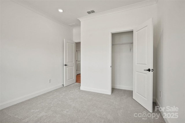 9511 Coast Laurel Ave NW, Concord, NC 28027 - unfurnished bedroom featuring light carpet, ornamental molding, a closet, and recessed lighting