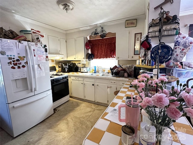 502 Monroe St, Shelby, NC 28150 - kitchen with white appliances, tile countertops, under cabinet range hood, crown molding, and white cabinetry