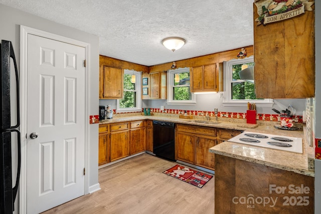 1058 Howard Gap Loop Rd, Flat Rock, NC 28731 - kitchen featuring black appliances, brown cabinets, light wood-type flooring, a textured ceiling, and light stone countertops