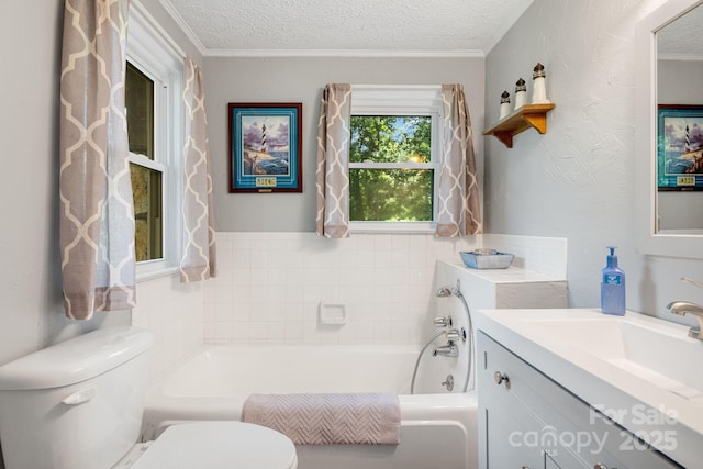 1058 Howard Gap Loop Rd, Flat Rock, NC 28731 - bathroom with a garden tub, a textured ceiling, vanity, and ornamental molding