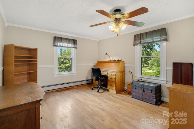1058 Howard Gap Loop Rd, Flat Rock, NC 28731 - office space with a baseboard radiator, light wood-type flooring, ceiling fan, a textured ceiling, and crown molding