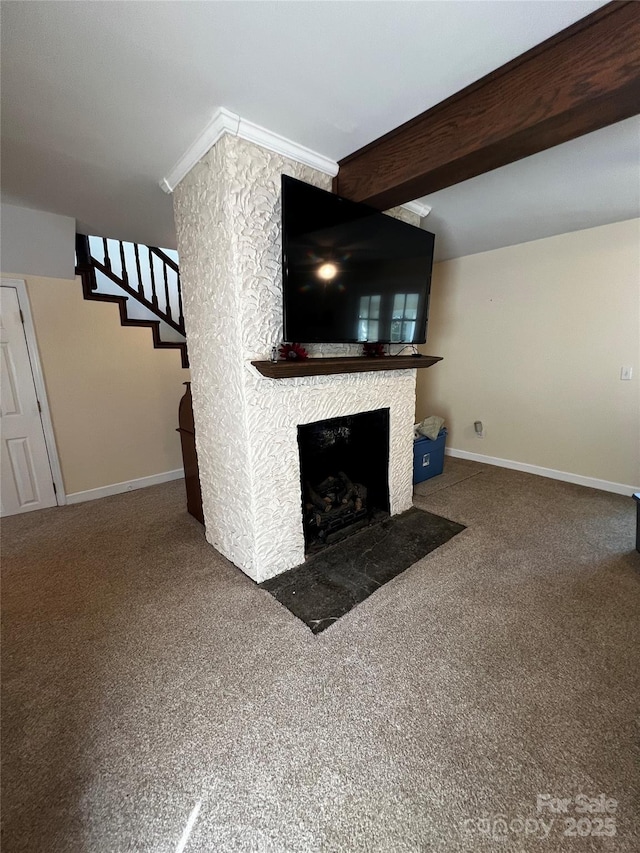 4606 Garvey Bridge Rd, Crumpler, NC 28617 - unfurnished living room featuring a fireplace with flush hearth, carpet floors, stairs, and beamed ceiling