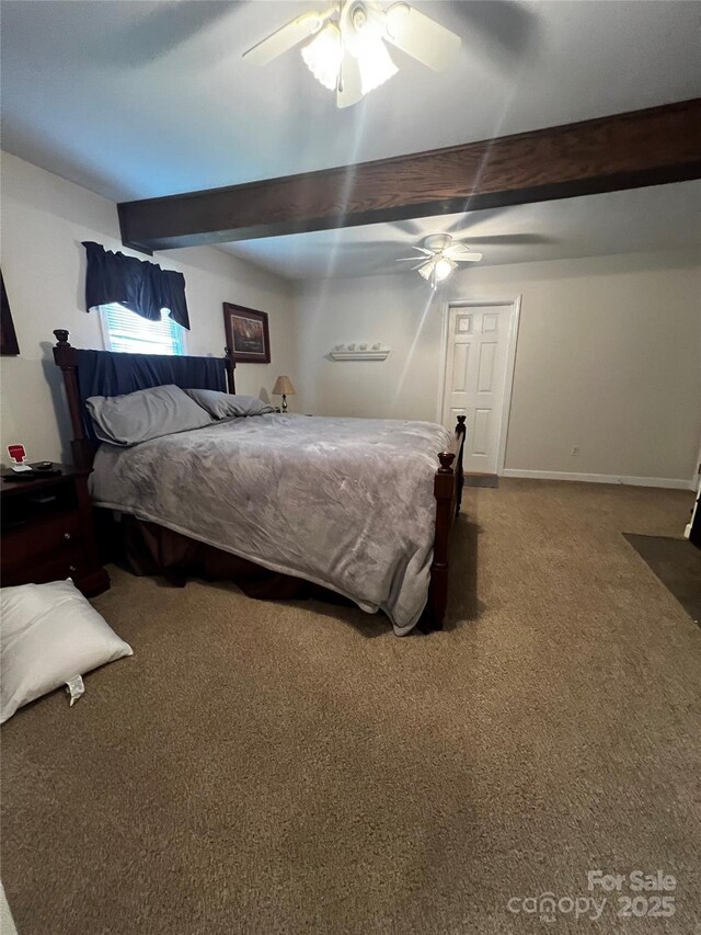 4606 Garvey Bridge Rd, Crumpler, NC 28617 - carpeted bedroom with beamed ceiling and a ceiling fan