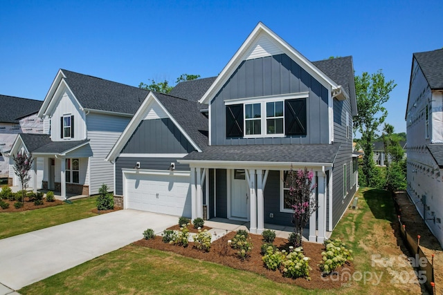 9515 Coast Laurel Ave NW, Concord, NC 28027 - view of front facade with board and batten siding, a porch, an attached garage, driveway, and roof with shingles
