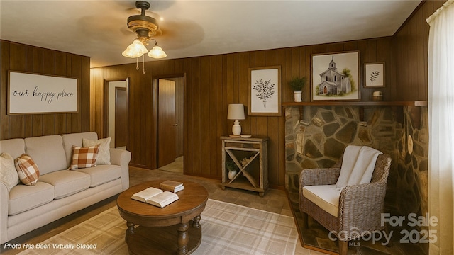 560 Bailey Mountain Rd, Mars Hill, NC 28754 - living area featuring wood walls and ceiling fan