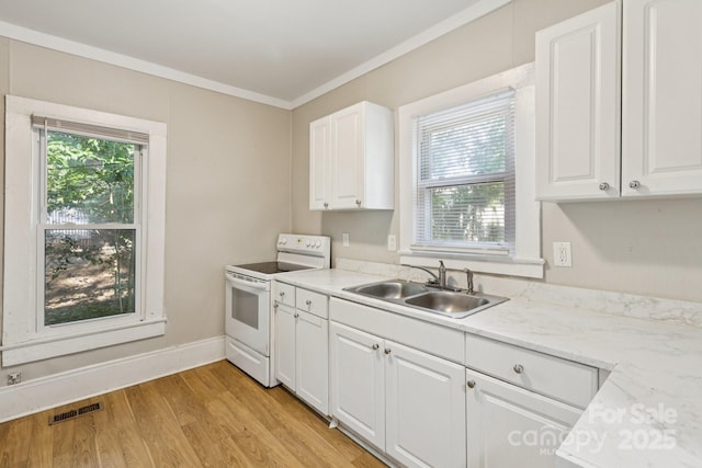 709 E Front St, Statesville, NC 28677 - kitchen featuring electric range, white cabinetry, crown molding, and light wood finished floors