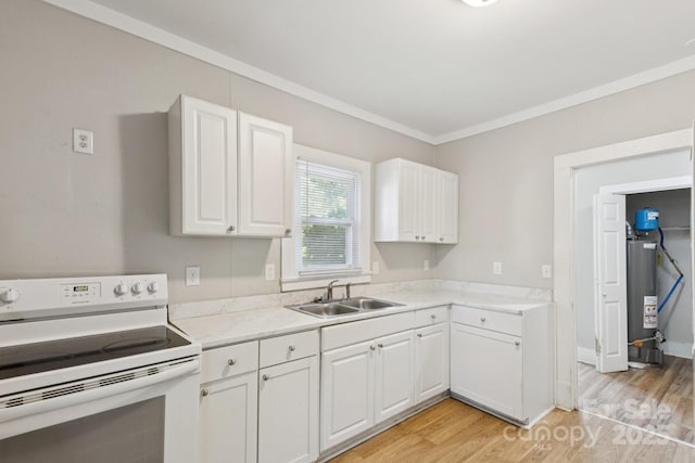 709 E Front St, Statesville, NC 28677 - kitchen featuring white range with electric cooktop, gas water heater, light wood finished floors, white cabinets, and crown molding