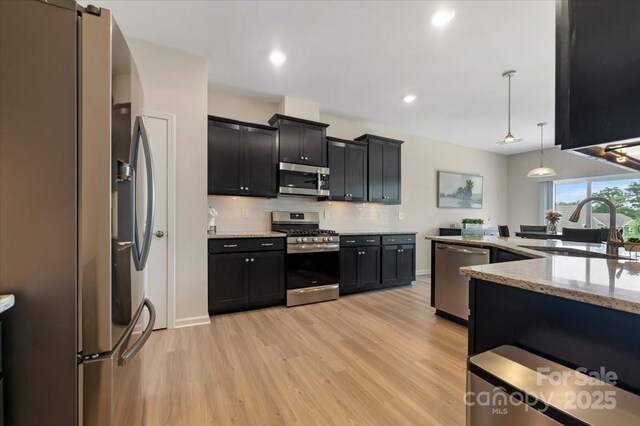2309 Abundance Ln, Waxhaw, NC 28173 - kitchen with appliances with stainless steel finishes, light wood-style flooring, dark cabinets, decorative light fixtures, and light stone counters