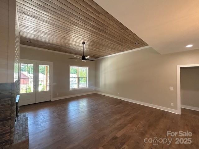 141 Maplewood Ct, Hudson, NC 28638 - unfurnished living room with dark wood-style flooring, a fireplace, a ceiling fan, wooden ceiling, and recessed lighting