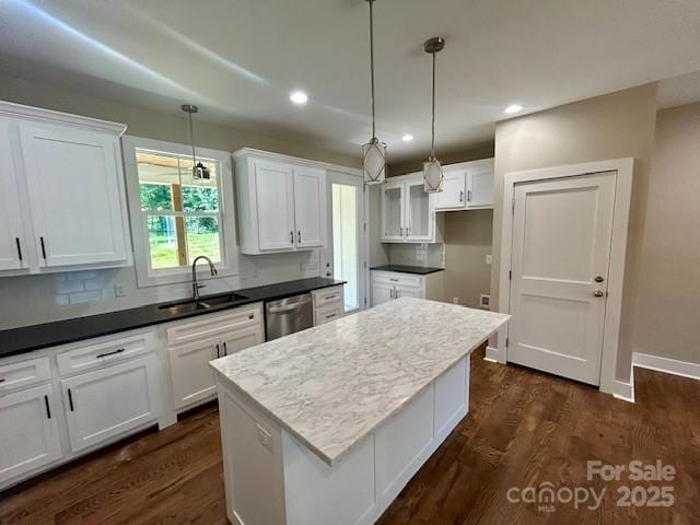141 Maplewood Ct, Hudson, NC 28638 - kitchen featuring dishwasher, a kitchen island, white cabinetry, recessed lighting, and dark wood-style floors