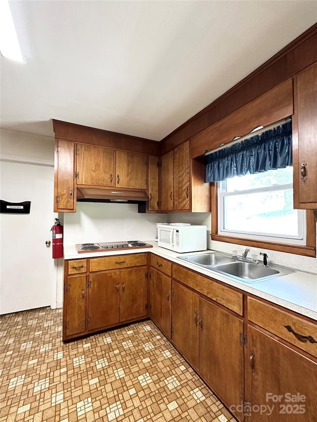 1586 Echo Dr, Lenoir, NC 28645 - kitchen with under cabinet range hood, white microwave, brown cabinets, and light countertops