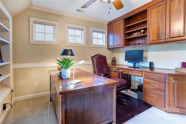5604 Yorke St NW, Concord, NC 28027 - office space featuring a ceiling fan, ornamental molding, and carpet