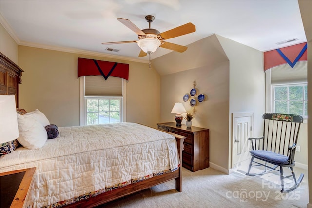 5604 Yorke St NW, Concord, NC 28027 - bedroom with light carpet, ornamental molding, and a ceiling fan