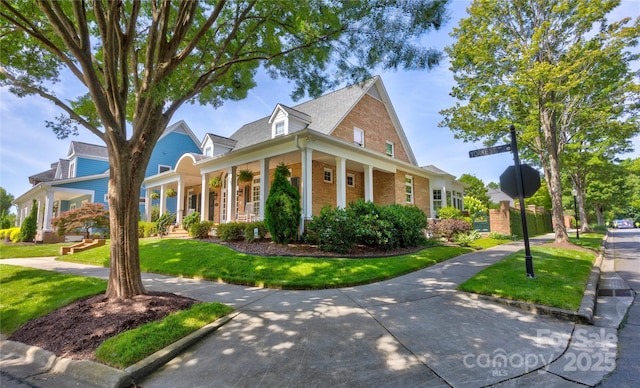 5604 Yorke St NW, Concord, NC 28027 - view of front facade with brick siding, a front lawn, and a porch