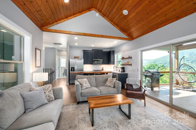 54 Weldon Way, Fairview, NC 28730 - living area with recessed lighting, light wood-style floors, plenty of natural light, high vaulted ceiling, and a mountain view