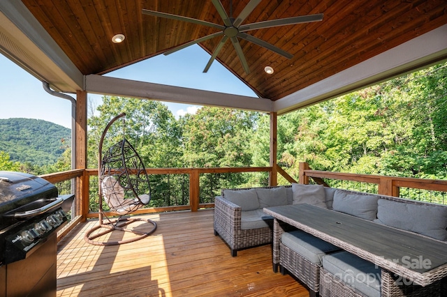 54 Weldon Way, Fairview, NC 28730 - wooden deck with an outdoor living space, area for grilling, a view of trees, and ceiling fan