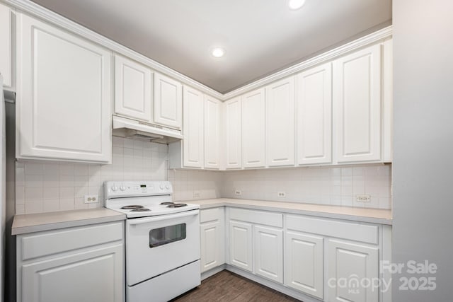 6721 Charter Hills Rd, Charlotte, NC 28277 - kitchen with white electric range oven, under cabinet range hood, light countertops, white cabinetry, and backsplash