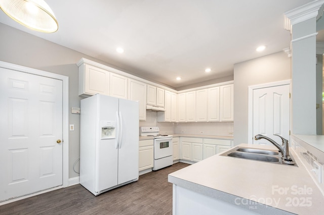 6721 Charter Hills Rd, Charlotte, NC 28277 - kitchen featuring white appliances, dark wood-type flooring, recessed lighting, white cabinets, and light countertops