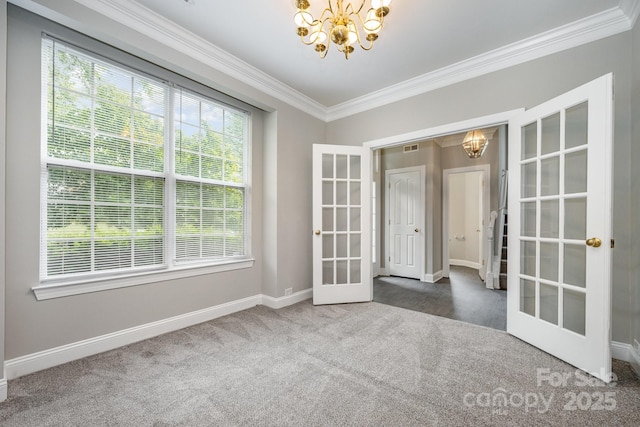 6721 Charter Hills Rd, Charlotte, NC 28277 - unfurnished room featuring french doors, a chandelier, carpet flooring, and crown molding