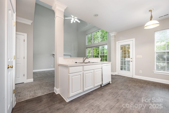 6721 Charter Hills Rd, Charlotte, NC 28277 - kitchen featuring ornate columns, dishwasher, light countertops, dark wood-type flooring, and white cabinetry