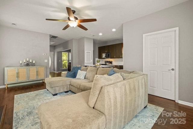 9846 Bailey Rd, Cornelius, NC 28031 - living room with a ceiling fan, dark wood-style floors, and recessed lighting