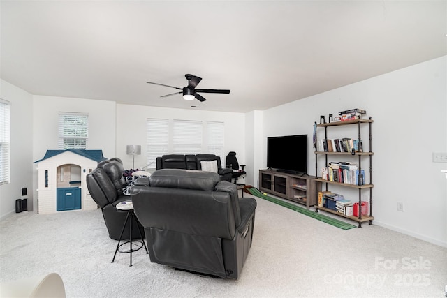 8245 Viewpoint Ln, Cornelius, NC 28031 - living area featuring light colored carpet and a ceiling fan