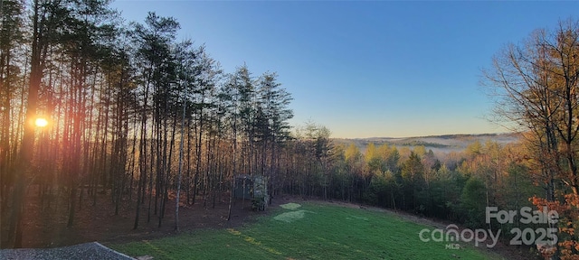 1594 High Valley Way, Lenoir, NC 28645 - yard at dusk featuring a lawn and a forest view