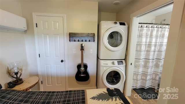 1594 High Valley Way, Lenoir, NC 28645 - laundry room featuring stacked washer and clothes dryer and a wall mounted air conditioner