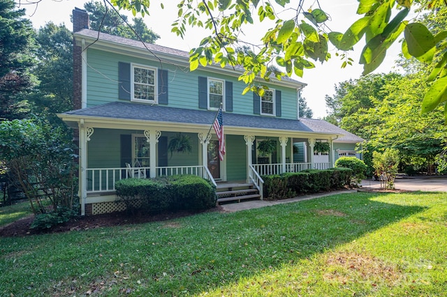 14409 Hackamore Dr, Matthews, NC 28105 - view of front of property featuring covered porch, a front lawn, a chimney, and a shingled roof