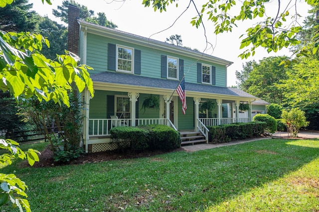 14409 Hackamore Dr, Matthews, NC 28105 - view of front of house with a porch, a front lawn, a chimney, and a shingled roof