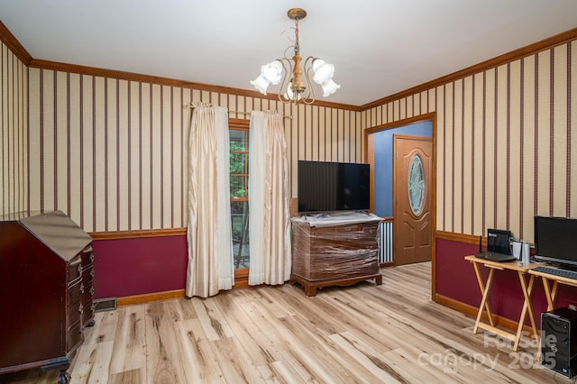14409 Hackamore Dr, Matthews, NC 28105 - home office with wood finished floors, ornamental molding, a chandelier, and wallpapered walls